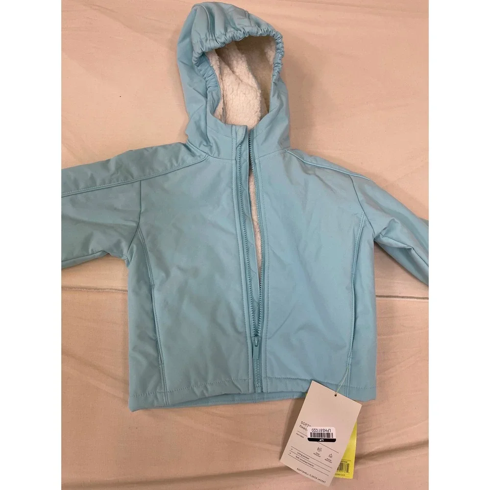 All in Motion Kids Softshell Fleece Jacket Light Blue Hooded Sherpa Lined XS 4/5